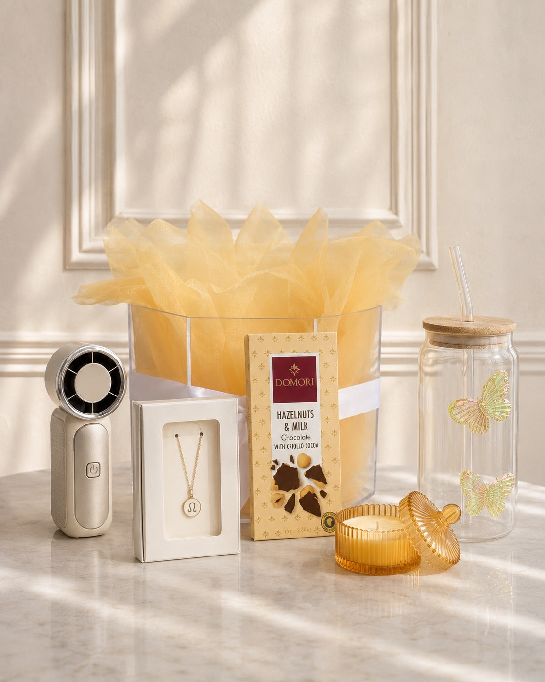 Butter Yellow Starsign Hamper - butterfly glass tumbler and butter yellow mini candle
