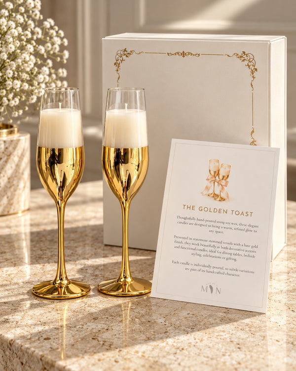 Two non-toxic soy wax champagne glass candles styled as a New Year host gift