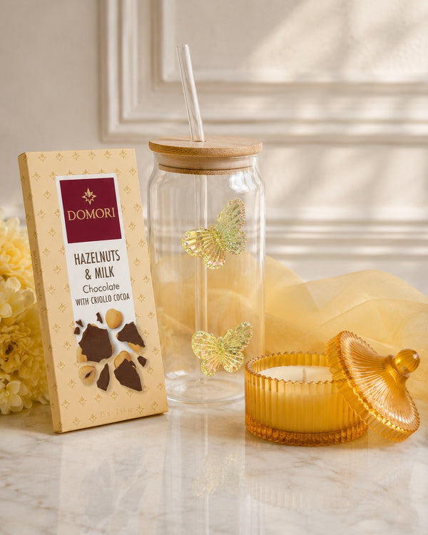 Butter Yellow Starsign Hamper - mini portable fan and Domori chocolate bar
