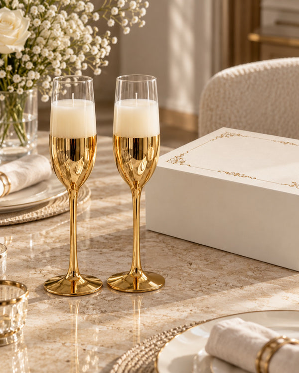 Pair of hand-poured soy wax champagne glass candles in a gift box